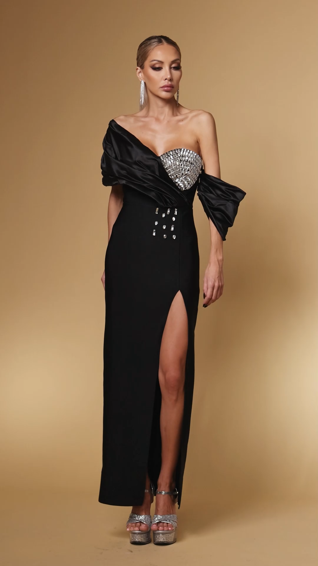 Miriam Black Rhinestone Off-Shoulder Evening Dress