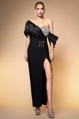 Miriam Black Rhinestone Off-Shoulder Evening Dress