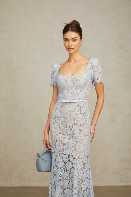 Miriam Floral Midi Dress in Vibrant Blue with Sweetheart Neckline & Scalloped Trim
