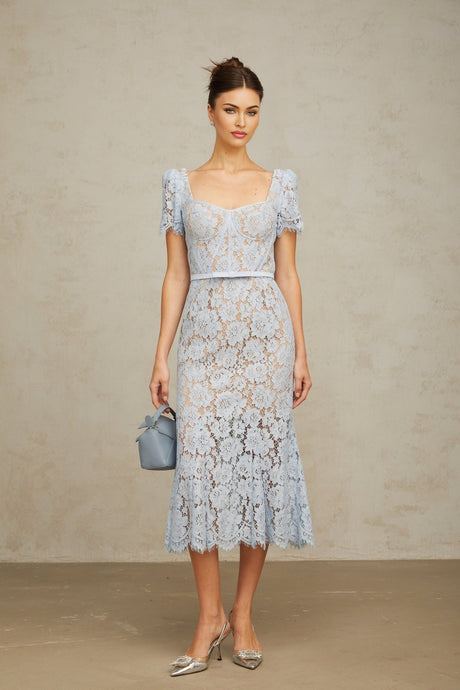 Miriam Floral Midi Dress in Vibrant Blue with Sweetheart Neckline & Scalloped Trim