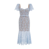 Miriam Floral Midi Dress in Vibrant Blue with Sweetheart Neckline & Scalloped Trim