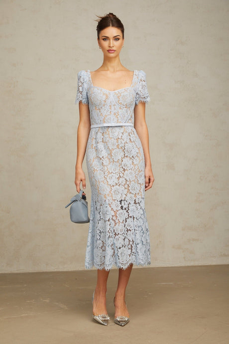 Miriam Floral Midi Dress in Vibrant Blue with Sweetheart Neckline & Scalloped Trim