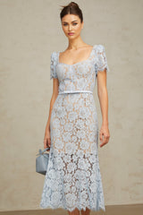 Miriam Floral Midi Dress in Vibrant Blue with Sweetheart Neckline & Scalloped Trim