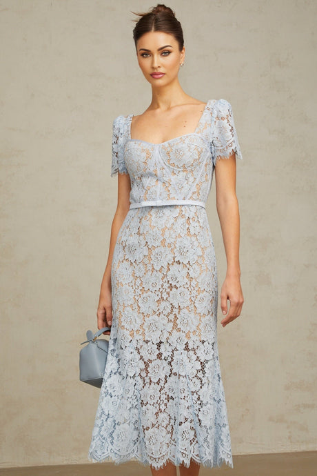 Miriam Floral Midi Dress in Vibrant Blue with Sweetheart Neckline & Scalloped Trim