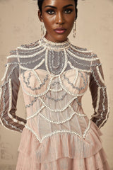 Monica Gown Pink Bead Tiered Sheer & Boned Crew Neck Ankle - Length