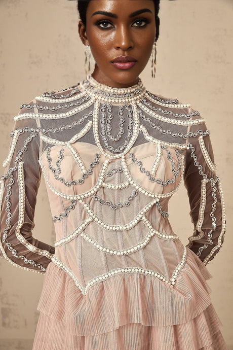 Monica Gown Pink Bead Tiered Sheer & Boned Crew Neck Ankle - Length