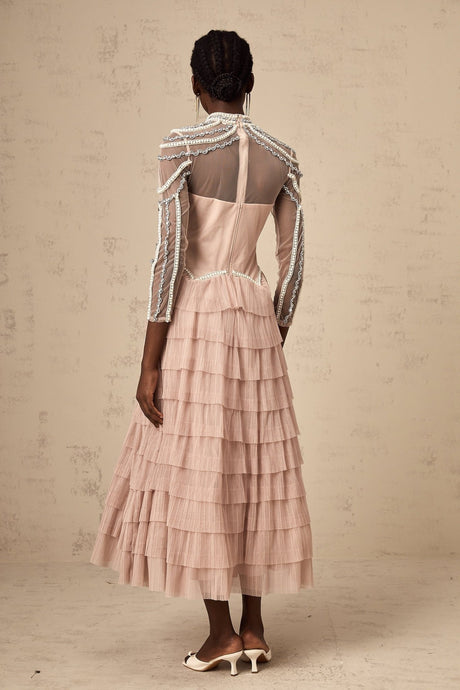 Monica Gown Pink Bead Tiered Sheer & Boned Crew Neck Ankle - Length