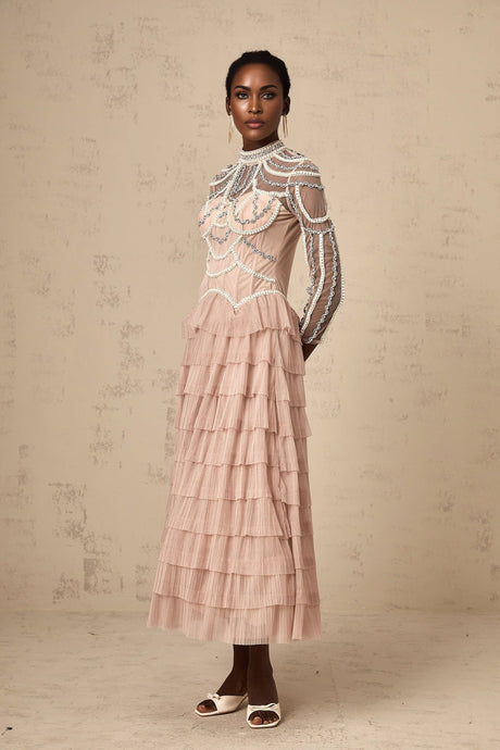 Monica Gown Pink Bead Tiered Sheer & Boned Crew Neck Ankle - Length