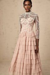 Monica Gown Pink Bead Tiered Sheer & Boned Crew Neck Ankle - Length