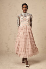 Monica Gown Pink Bead Tiered Sheer & Boned Crew Neck Ankle - Length