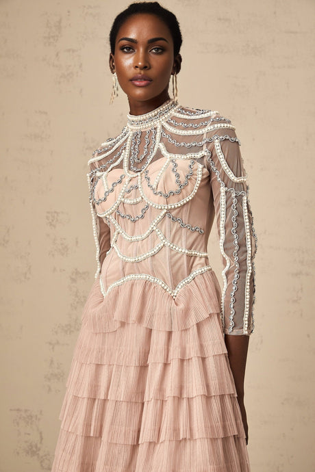 Monica Gown Pink Bead Tiered Sheer & Boned Crew Neck Ankle - Length
