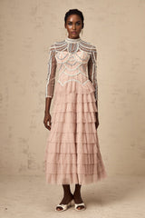 Monica Gown Pink Bead Tiered Sheer & Boned Crew Neck Ankle - Length