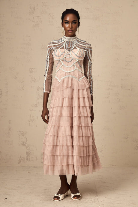 Monica Gown Pink Bead Tiered Sheer & Boned Crew Neck Ankle - Length
