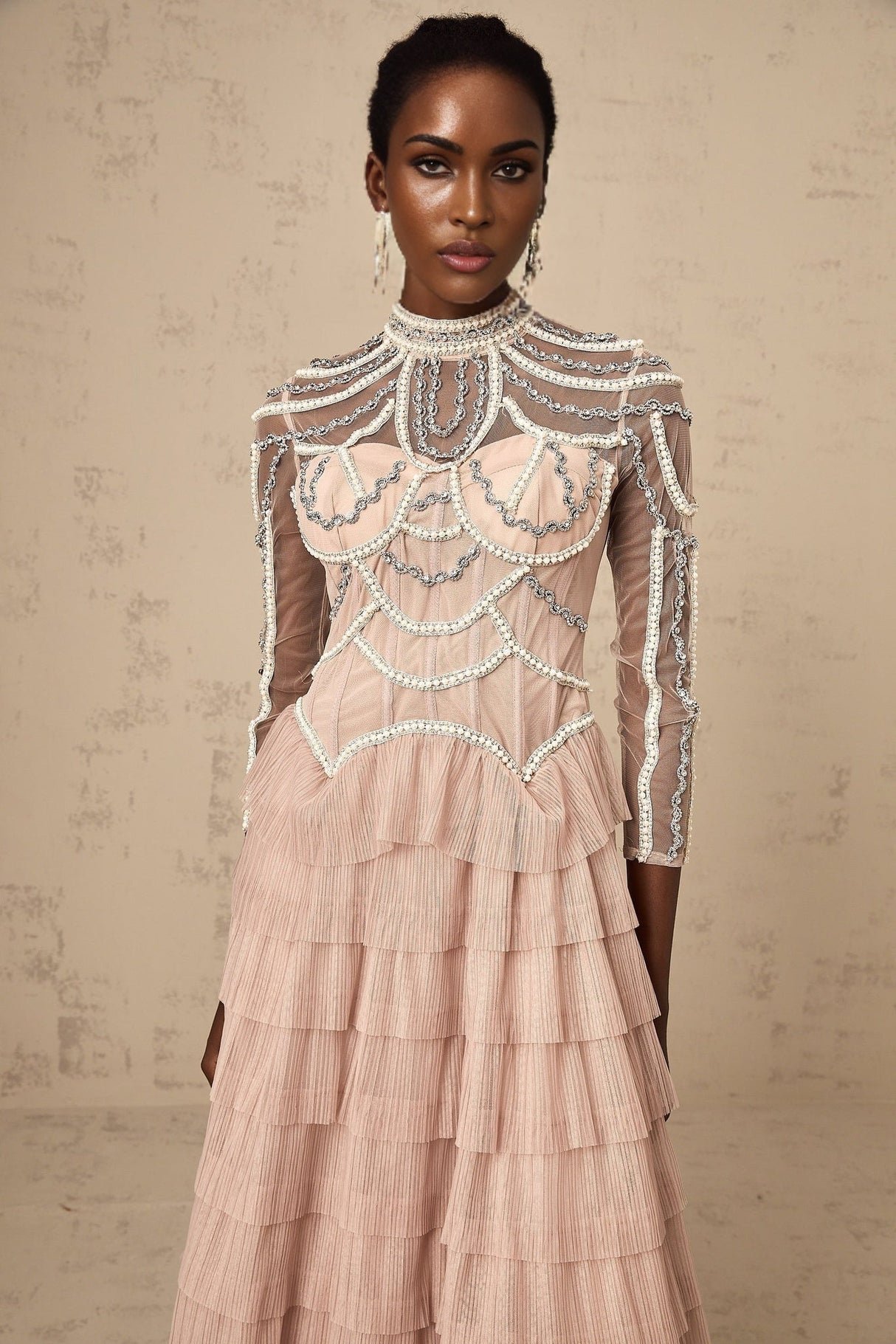 Monica Gown Pink Bead Tiered Sheer & Boned Crew Neck Ankle - Length