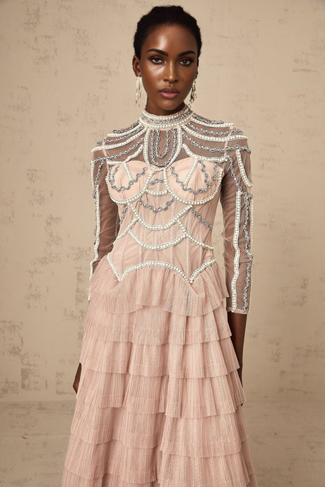 Monica Gown Pink Bead Tiered Sheer & Boned Crew Neck Ankle - Length