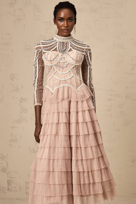 Monica Gown Pink Bead Tiered Sheer & Boned Crew Neck Ankle - Length