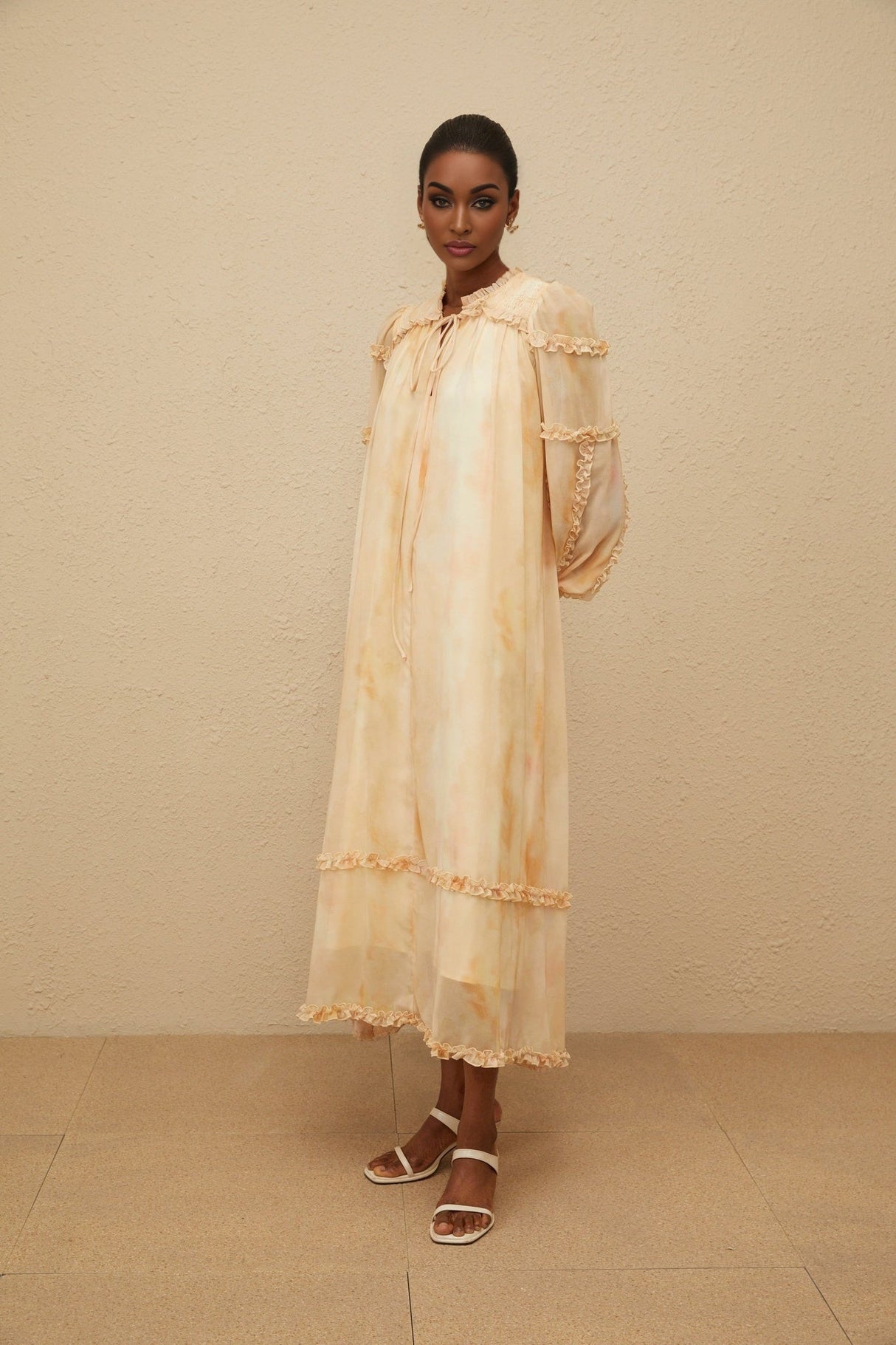 Monica Midi Dress - Frilled Neck - Tie - Dye Print - Ruffled Trim - Shirred Effect - Smocked Panel