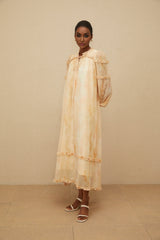 Monica Midi Dress - Frilled Neck - Tie - Dye Print - Ruffled Trim - Shirred Effect - Smocked Panel