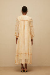 Monica Midi Dress - Frilled Neck - Tie - Dye Print - Ruffled Trim - Shirred Effect - Smocked Panel