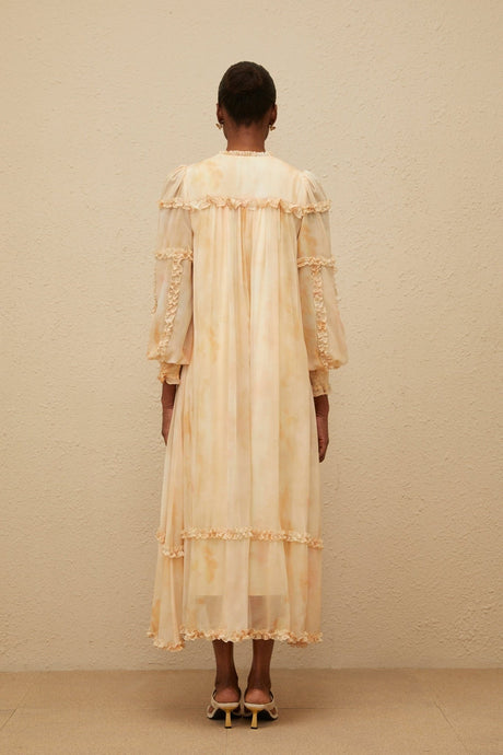 Monica Midi Dress - Frilled Neck - Tie - Dye Print - Ruffled Trim - Shirred Effect - Smocked Panel