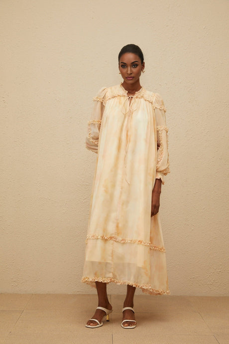 Monica Midi Dress - Frilled Neck - Tie - Dye Print - Ruffled Trim - Shirred Effect - Smocked Panel