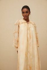 Monica Midi Dress - Frilled Neck - Tie - Dye Print - Ruffled Trim - Shirred Effect - Smocked Panel