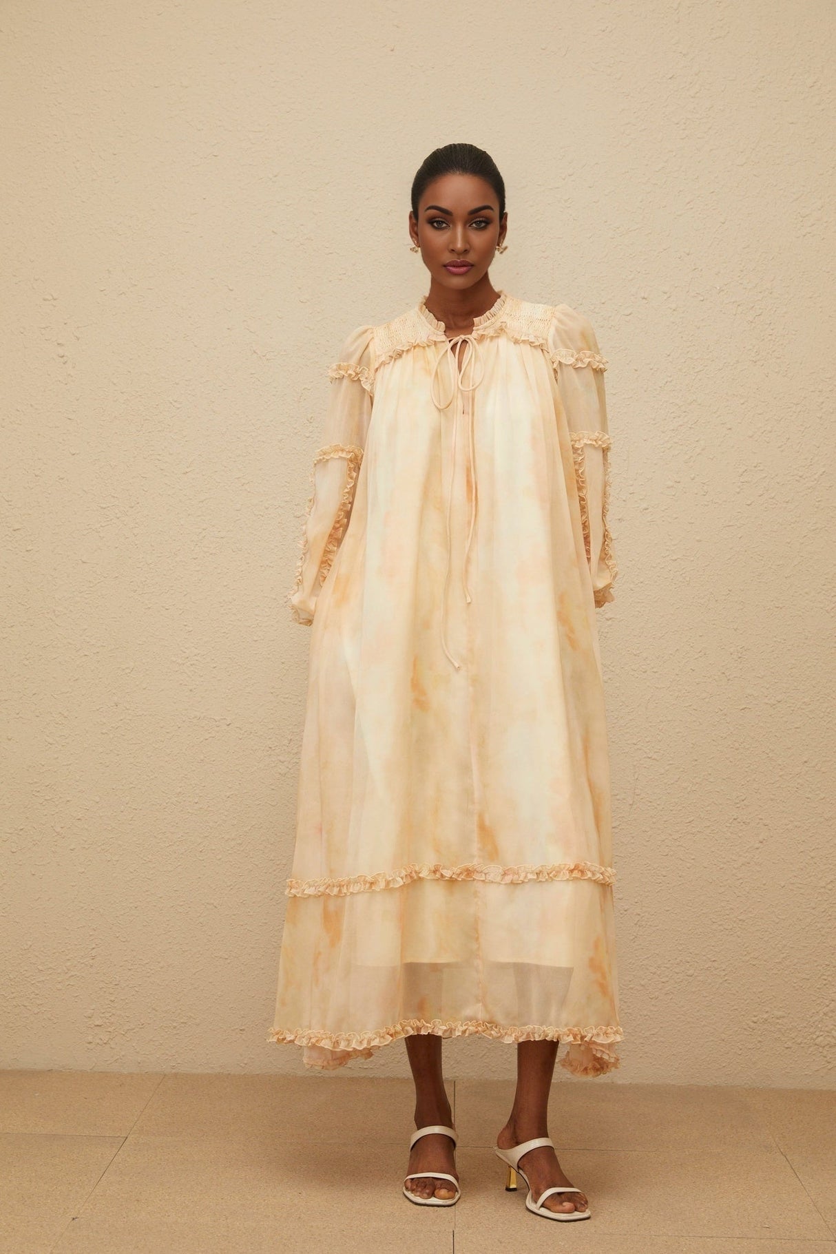 Monica Midi Dress - Frilled Neck - Tie - Dye Print - Ruffled Trim - Shirred Effect - Smocked Panel