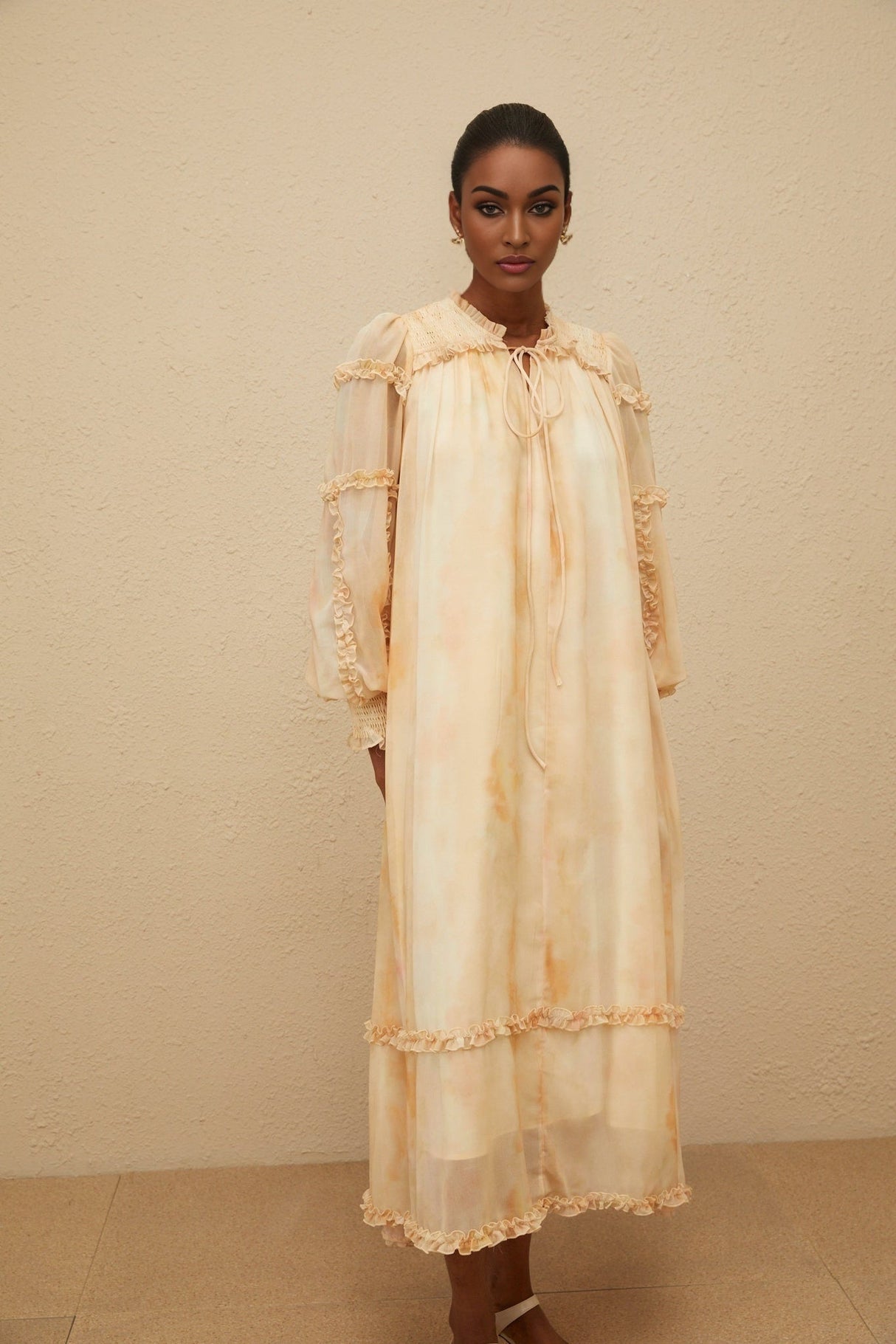 Monica Midi Dress - Frilled Neck - Tie - Dye Print - Ruffled Trim - Shirred Effect - Smocked Panel