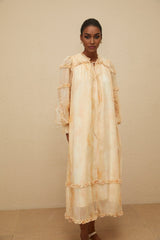 Monica Midi Dress - Frilled Neck - Tie - Dye Print - Ruffled Trim - Shirred Effect - Smocked Panel