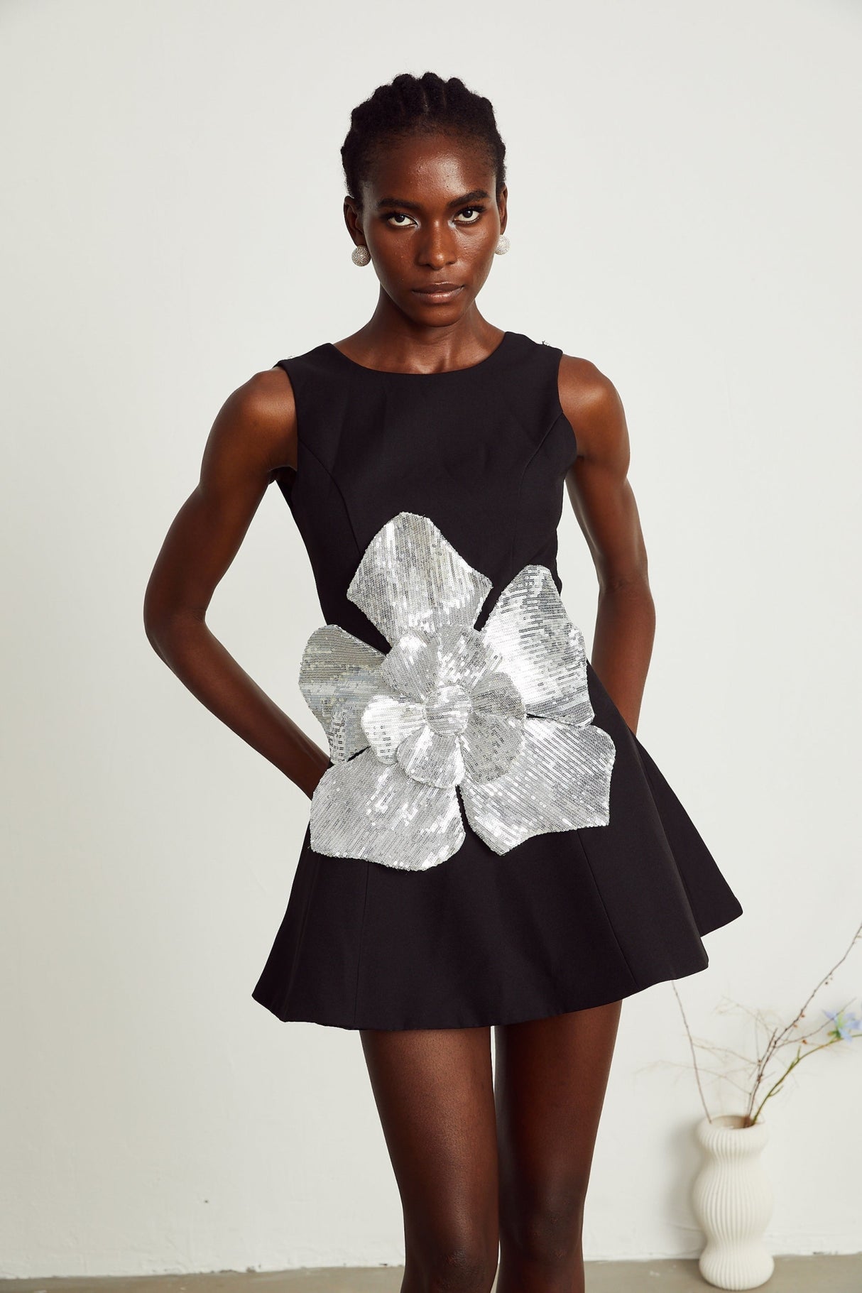 Monica Mini Dress Black Sequin Floral ALine Open Back