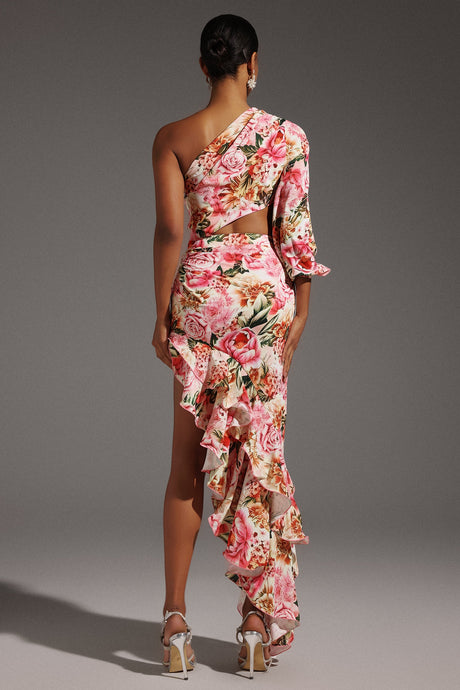 Monica Pink Floral One-Shoulder Dress with Hollow Out Detail and Ruffled Hem for Special Occasions