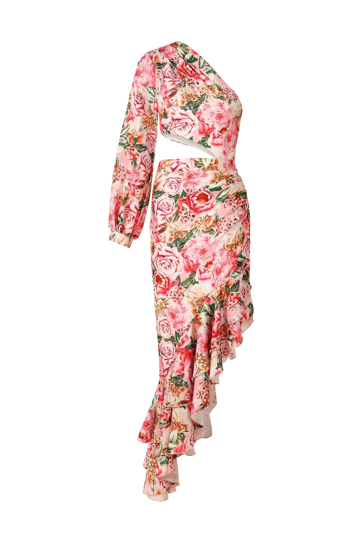 Monica Pink Floral One-Shoulder Dress with Hollow Out Detail and Ruffled Hem for Special Occasions