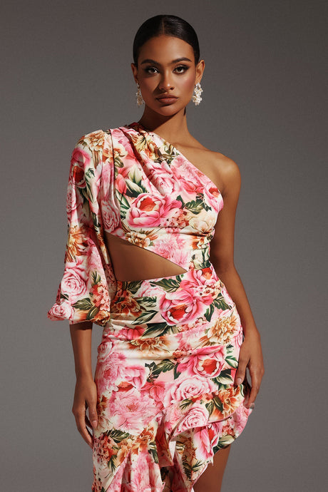 Monica Pink Floral One-Shoulder Hollow Out Ruffled Dress