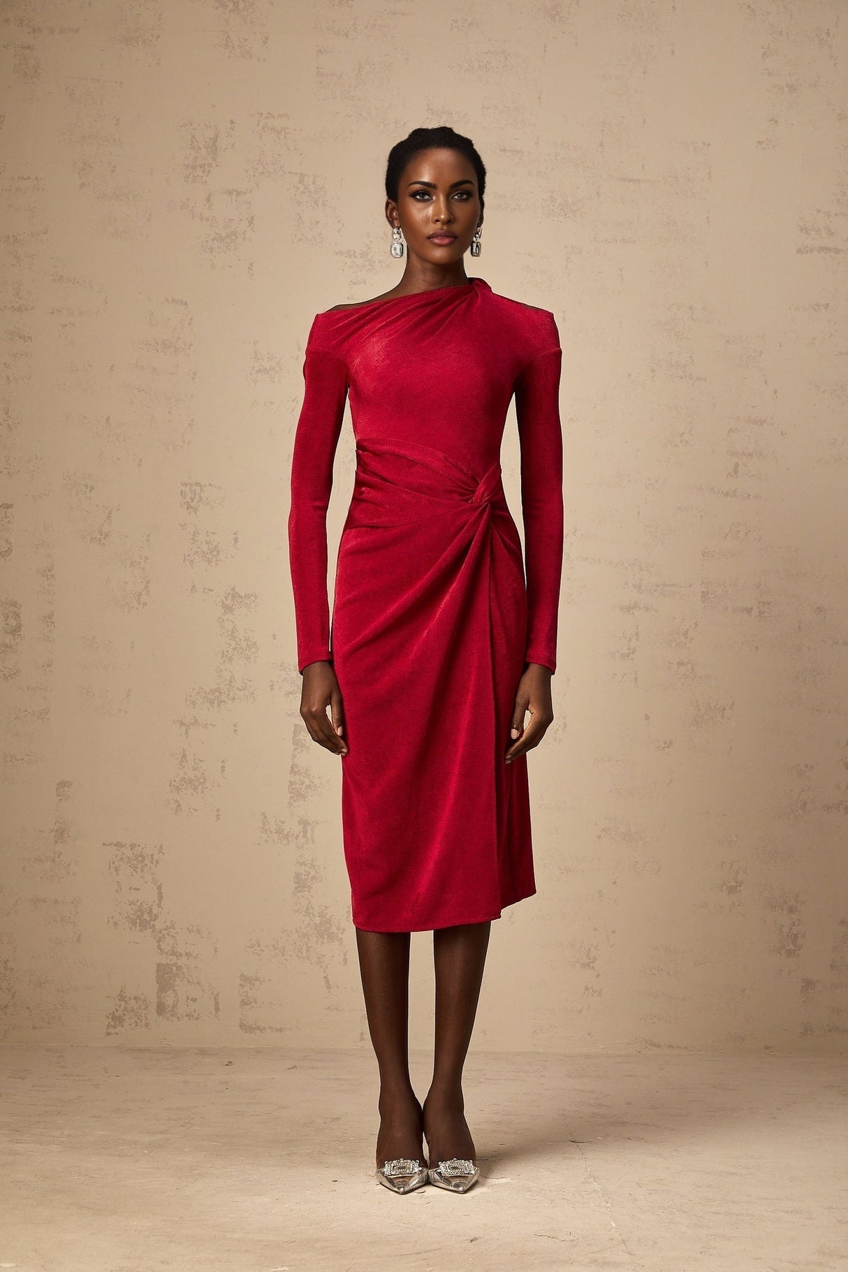 Monica red midi dress with high slit and gathered details