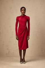 Monica red midi dress with high slit and gathered details