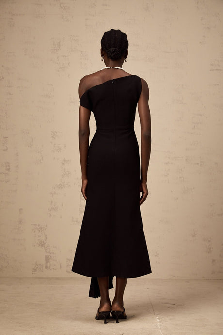 Morgan Midi Dress Black Asymmetric Pleated Draped & Zippered