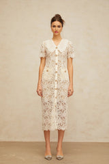 Morgan Midi Dress Off - white Corded Lace Scallop Hem & Button Detail