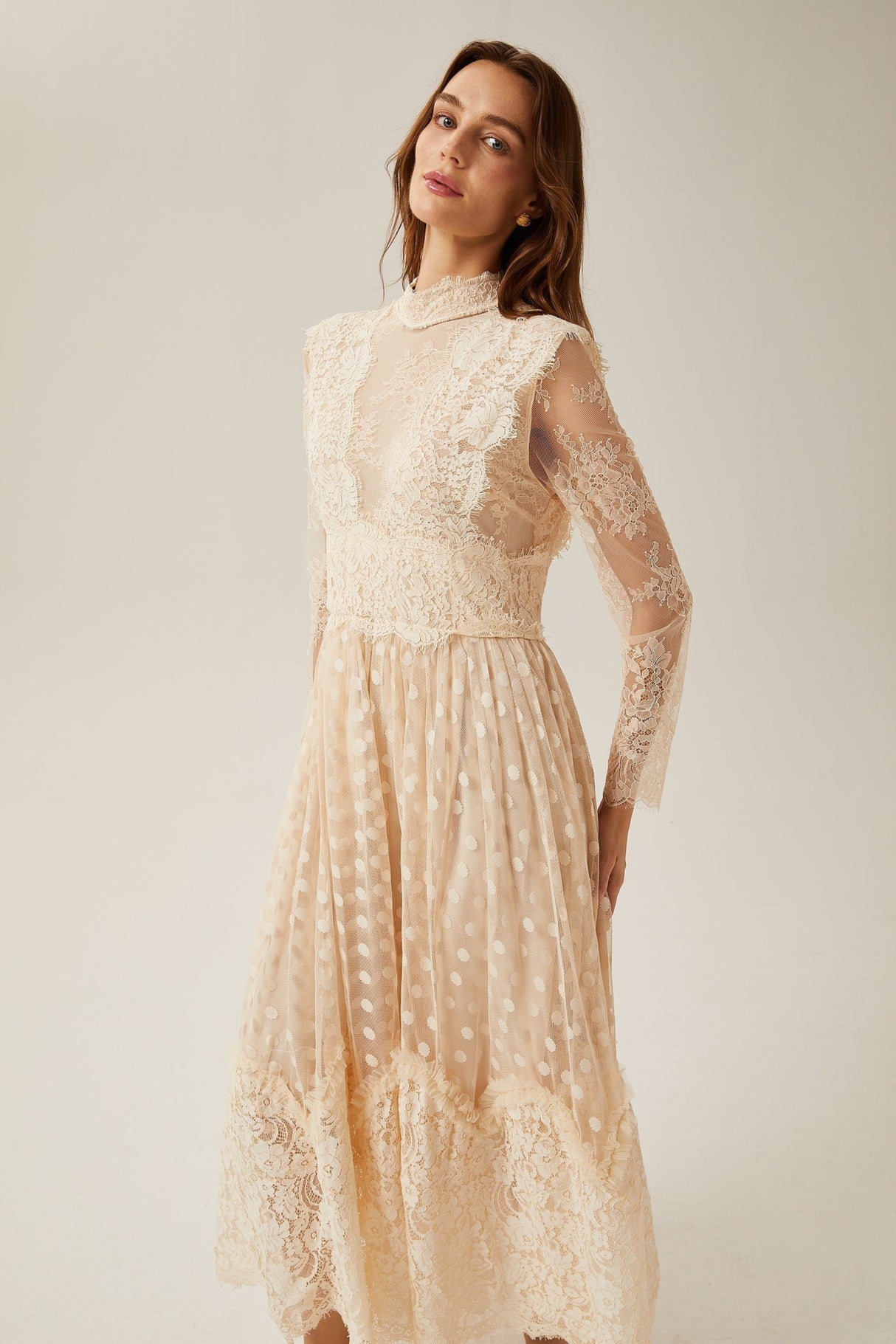Morgan Polka - Dot Lace - Trim Midi Dress