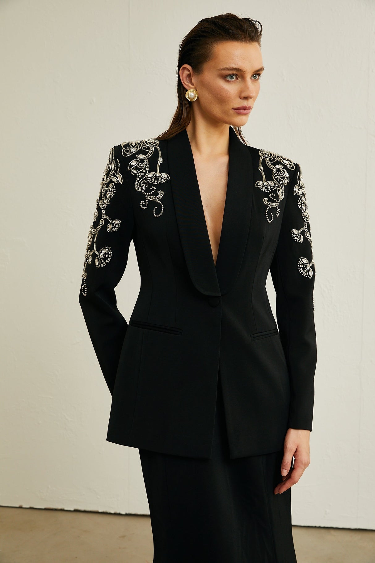 Morgane black embellished jacket  skirt matching set