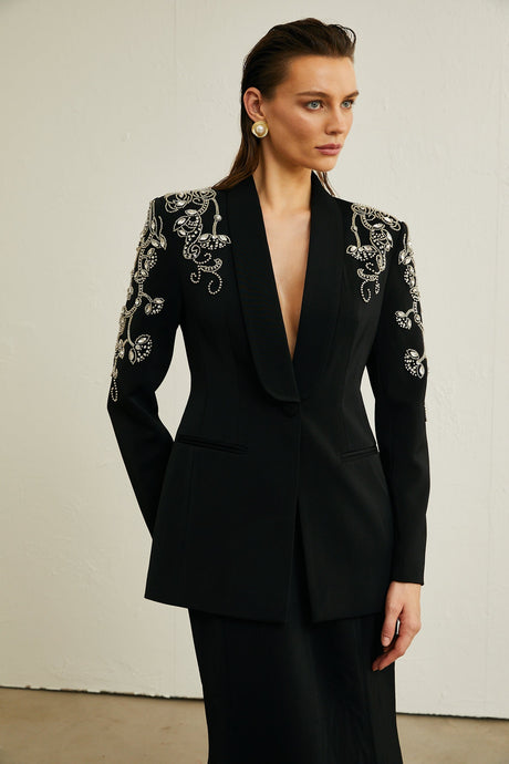 Morgane black embellished jacket  skirt matching set