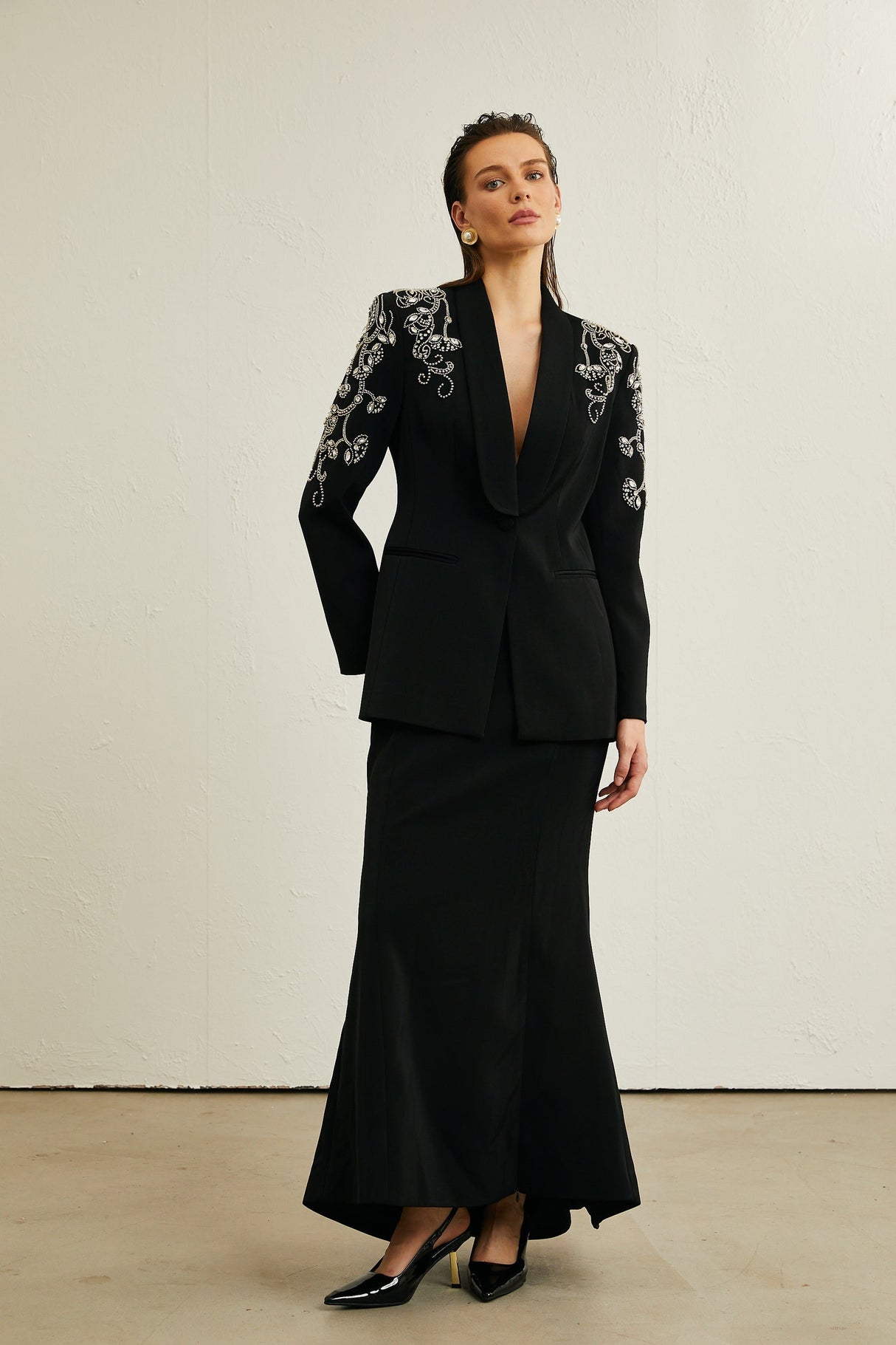 Morgane black embellished jacket  skirt matching set