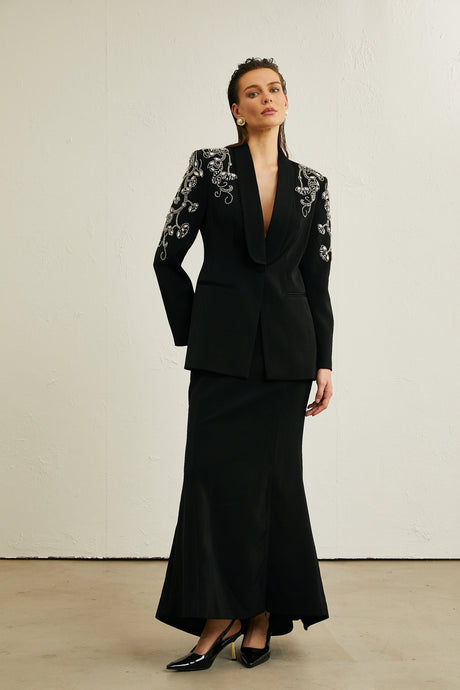 Morgane black embellished jacket  skirt matching set