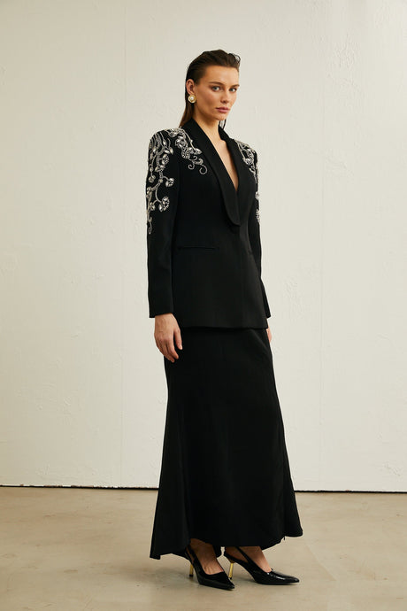 Morgane black embellished jacket  skirt matching set