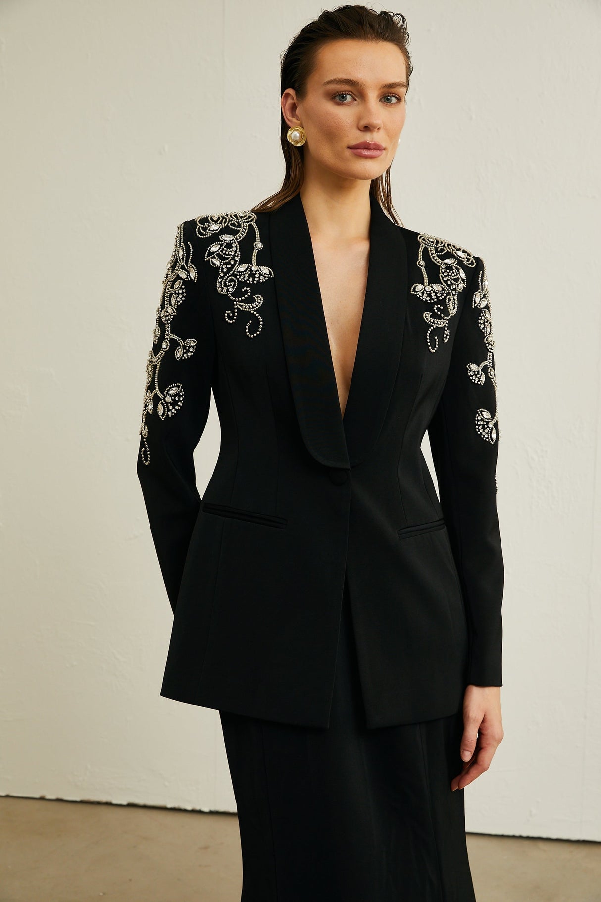 Morgane black embellished jacket  skirt matching set