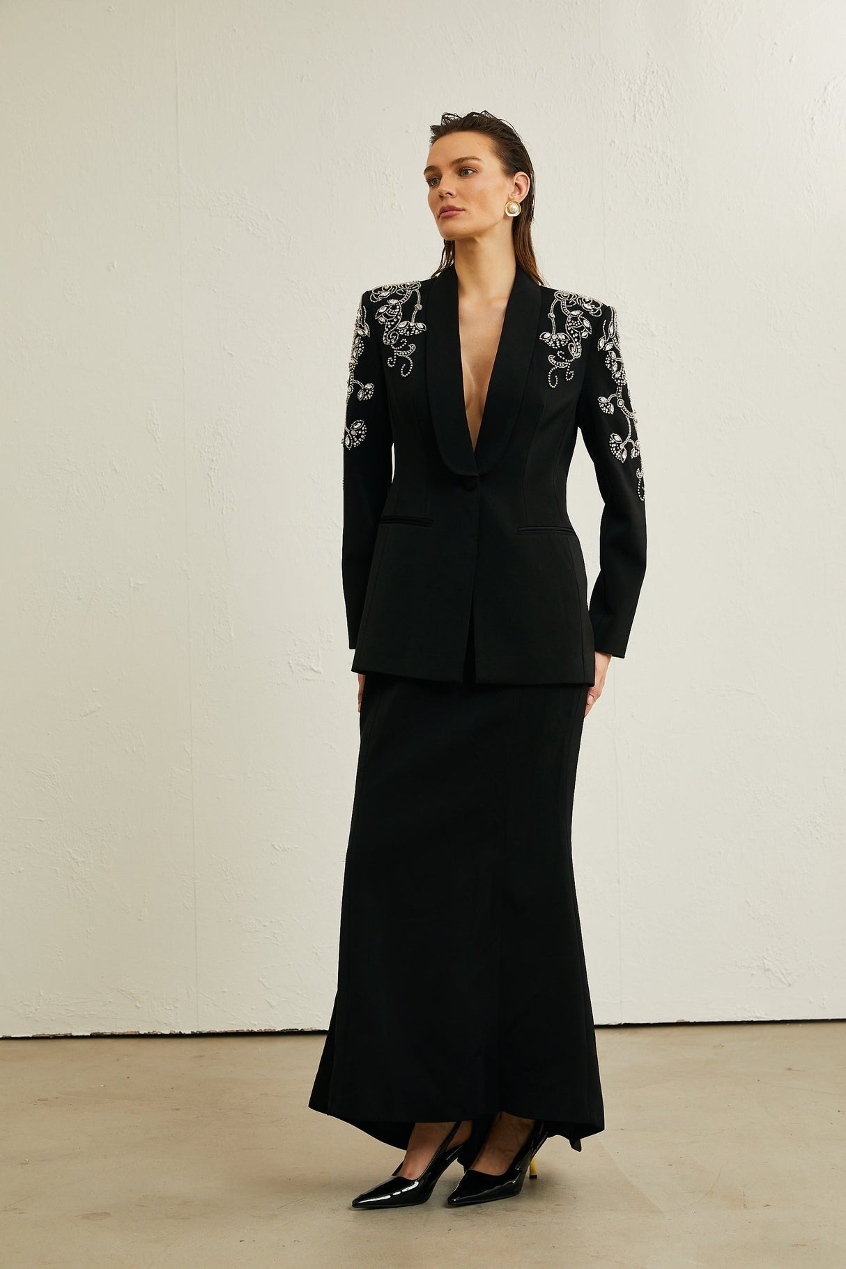 Morgane black embellished jacket  skirt matching set