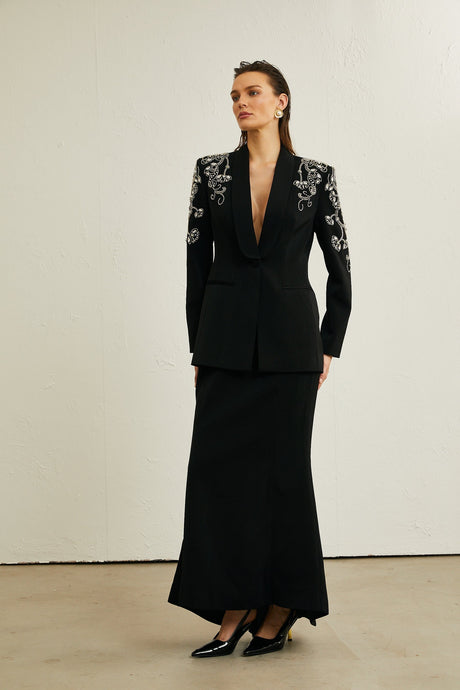 Morgane black embellished jacket  skirt matching set