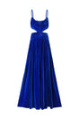 Myla Blue Velvet Maxi Dress Draped Detailing Cut-Out Design Spaghetti Straps Elegant Sophisticated Luxurious Fabric Evening Formal Gatherings Vibrant Hue