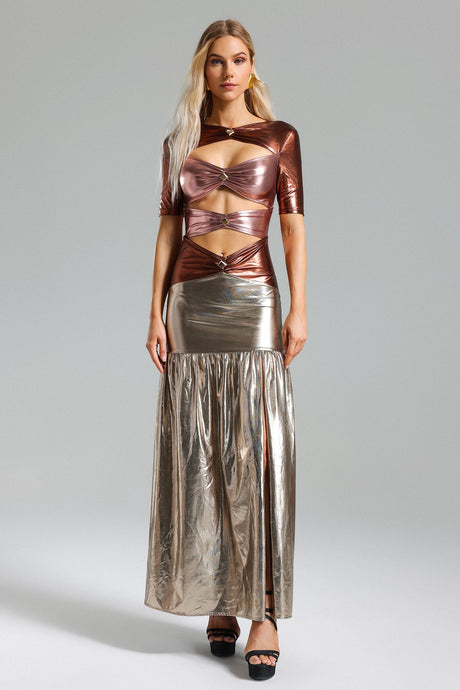 Myla Gold Metallic Cut-Out Maxi Dress for Evening Events and Special Occasions