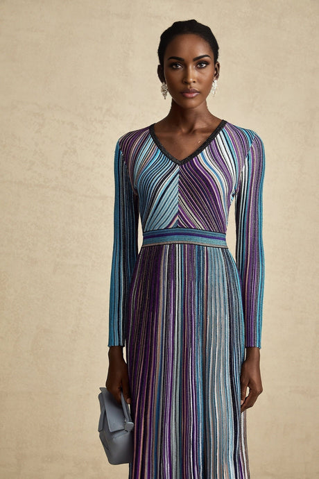 Myla Midi Dress Blue Metallic Pleated VNeck Ribbed Knit