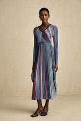 Myla Midi Dress Blue Metallic Pleated VNeck Ribbed Knit